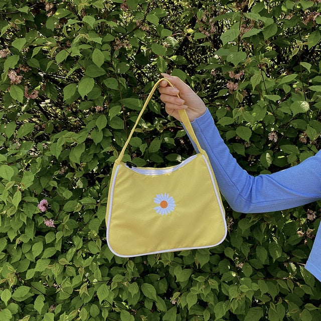 Women's Small Canvas Daisy Embroidery Mini Tote Fashion Underarm Handbag